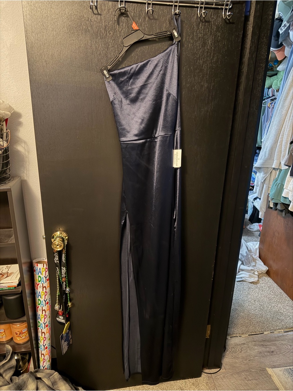 Windsor Satin One-Shoulder Navy Evening Gown